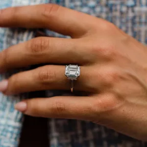 2.50Ct Emerald Cut Moissanite Diamond Ring Three Stone Moissanite Engagement Ring 14K Gold Ring
