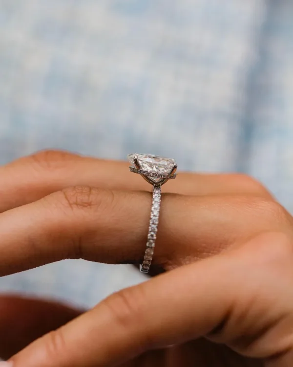 2.60Ct Pear Cut Moissanite Solitaire Hidden Halo & Pave Moissanite Engagement Ring