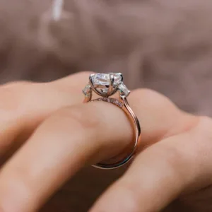 2.00CT Cushion Cut Moissanite Diamond Ring Three Stone Engagement Ring Cushion With Pear Diamond Gold Ring