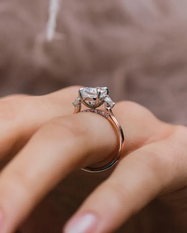 2.00CT Cushion Cut Moissanite Diamond Ring Three Stone Engagement Ring Cushion With Pear Diamond Gold Ring