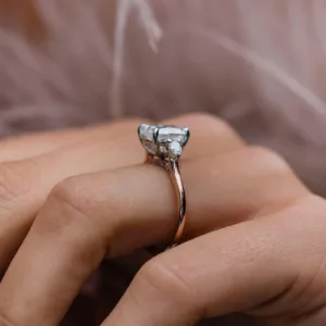 2.00CT Cushion Cut Moissanite Diamond Ring Three Stone Engagement Ring Cushion With Pear Diamond Gold Ring