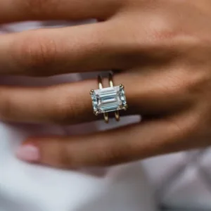 6 CT Emerald Cut Diamond Ring 14K Gold Solitaire Double Band Moissanite Engagement Ring
