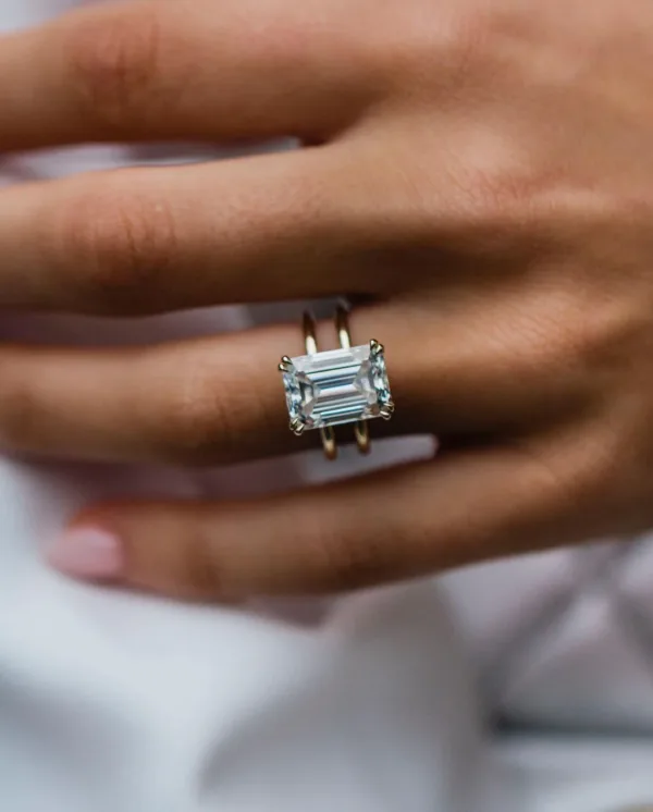 6 CT Emerald Cut Diamond Ring 14K Gold Solitaire Double Band Moissanite Engagement Ring