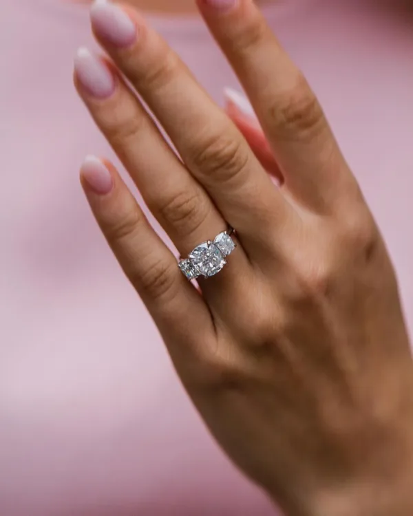 3CT Cushion Cut Diamond Ring 14K Gold Three Diamond Engagement Ring Three Cushion Diamond Ring