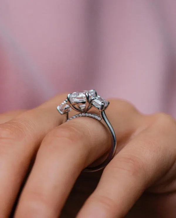 3CT Cushion Cut Diamond Ring 14K Gold Three Diamond Engagement Ring Three Cushion Diamond Ring