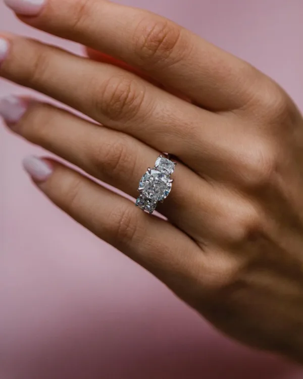 3CT Cushion Cut Diamond Ring 14K Gold Three Diamond Engagement Ring Three Cushion Diamond Ring