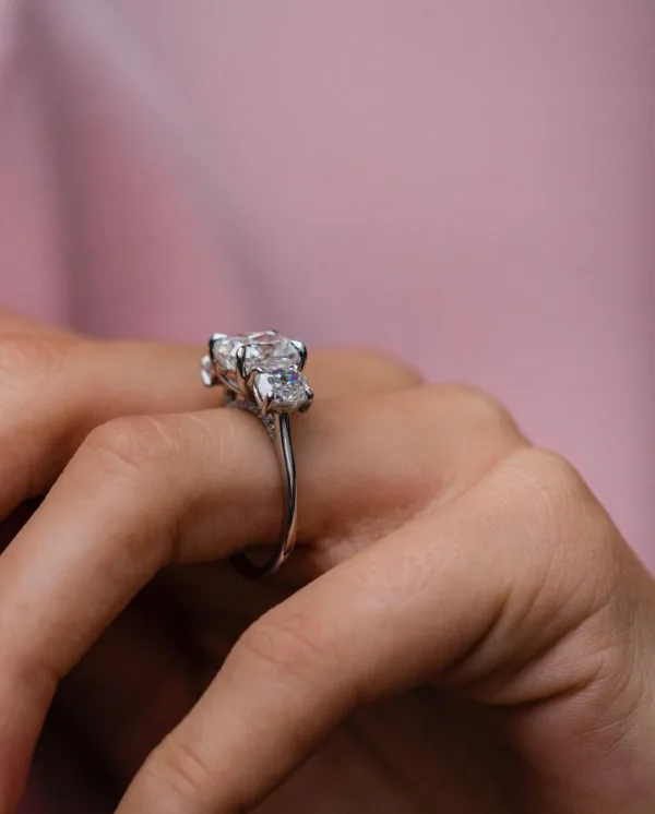 3CT Cushion Cut Diamond Ring 14K Gold Three Diamond Engagement Ring Three Cushion Diamond Ring