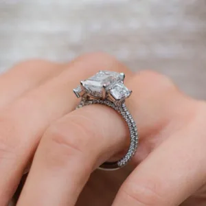 3.75carat Emerald Moissanite Diamond Wedding Engagement Ring 14K Gold Diamond Ring Three Stone Ring