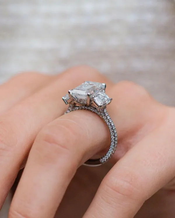 3.75carat Emerald Moissanite Diamond Wedding Engagement Ring 14K Gold Diamond Ring Three Stone Ring