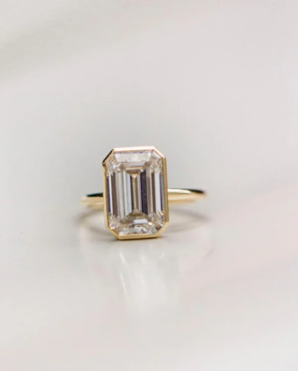 4.50Ct Emerald Cut Diamond Wedding Ring Bezel Set Solitaire 14K Gold Moissanite Engagement Ring