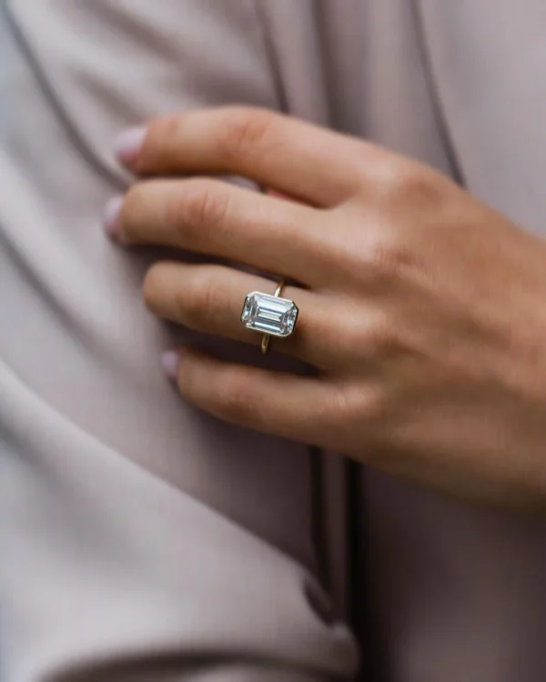 4.50Ct Emerald Cut Diamond Wedding Ring Bezel Set Solitaire 14K Gold Moissanite Engagement Ring