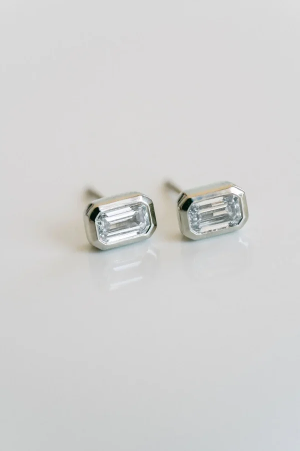 0.75Ct Moissanite Emerald Cut Diamond Earring Set East to West 14K Gold Earring Set Solitaire Earring For Her