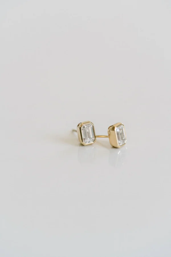 0.75Ct Moissanite Emerald Cut Diamond Earring Set East to West 14K Gold Earring Set Solitaire Earring For Her