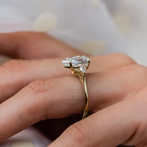 3.50Ct Three Pear Diamonds Ring Three Stone Set Moissanite Engagement Ring 14K Gold Ring