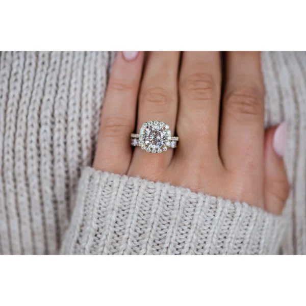 4.0CT Cushion Cut Halo and Pave Set Moissanite Diamond Ring Set Engagement Ring Set 14K Gold Ring Set