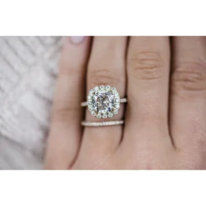 4.0CT Cushion Cut Halo and Pave Set Moissanite Diamond Ring Set Engagement Ring Set 14K Gold Ring Set