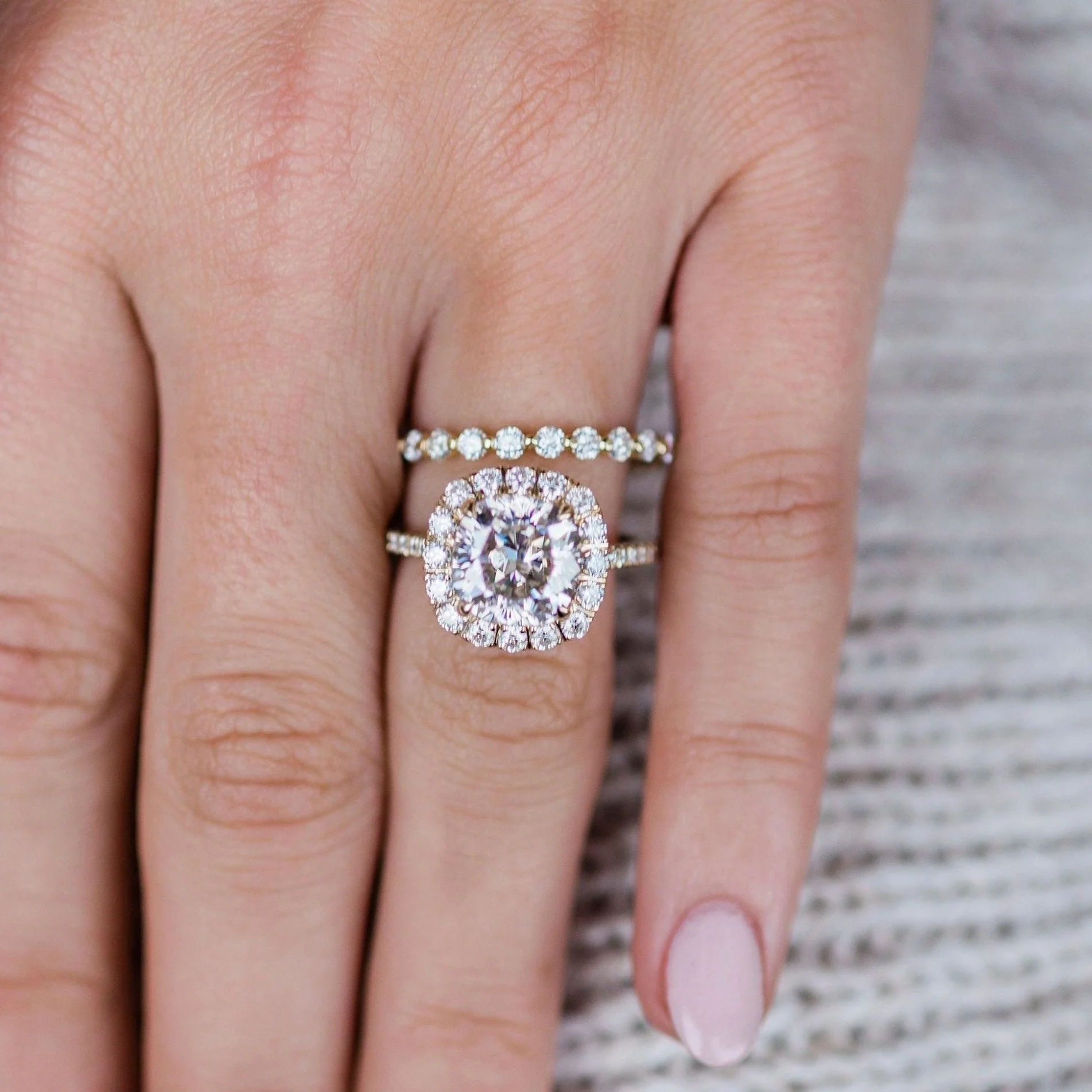 4.0CT Cushion Cut Halo and Pave Set Moissanite Diamond Ring Set Engagement Ring Set 14K Gold Ring Set