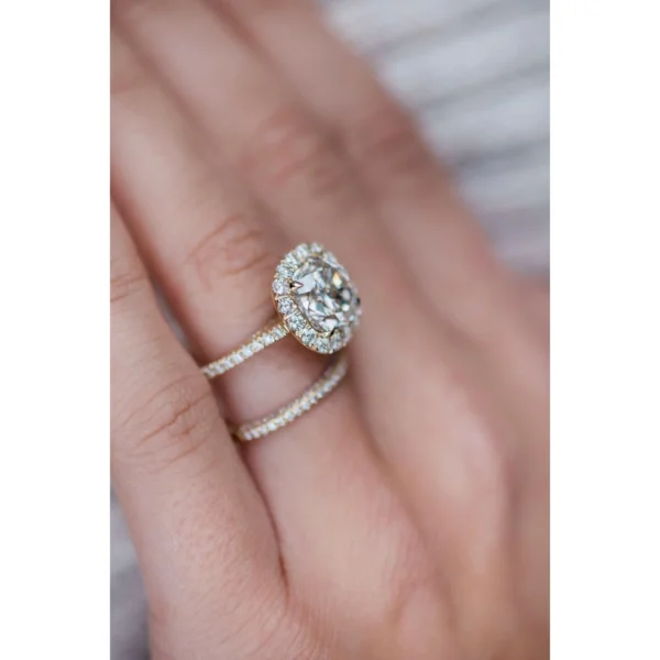 4.0CT Cushion Cut Halo and Pave Set Moissanite Diamond Ring Set Engagement Ring Set 14K Gold Ring Set