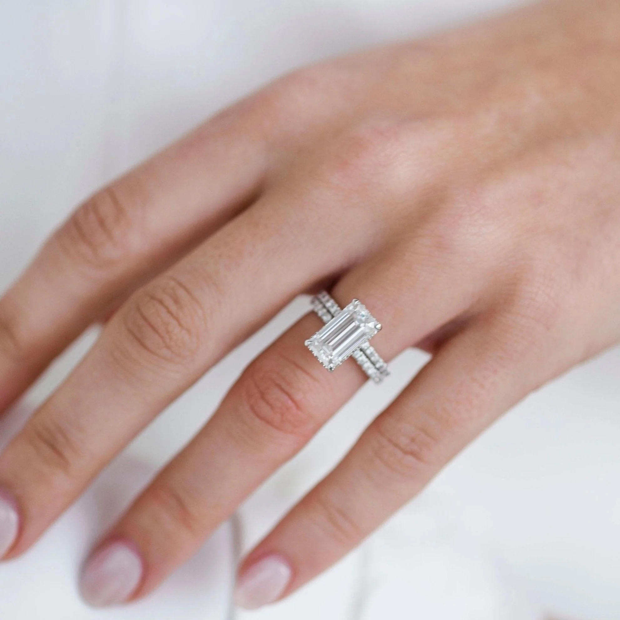 4.0Ct Emerald Cut Diamond Ring Solitaire Hidden Halo and Pave Moissanite Engagement Ring 14K Gold Ring