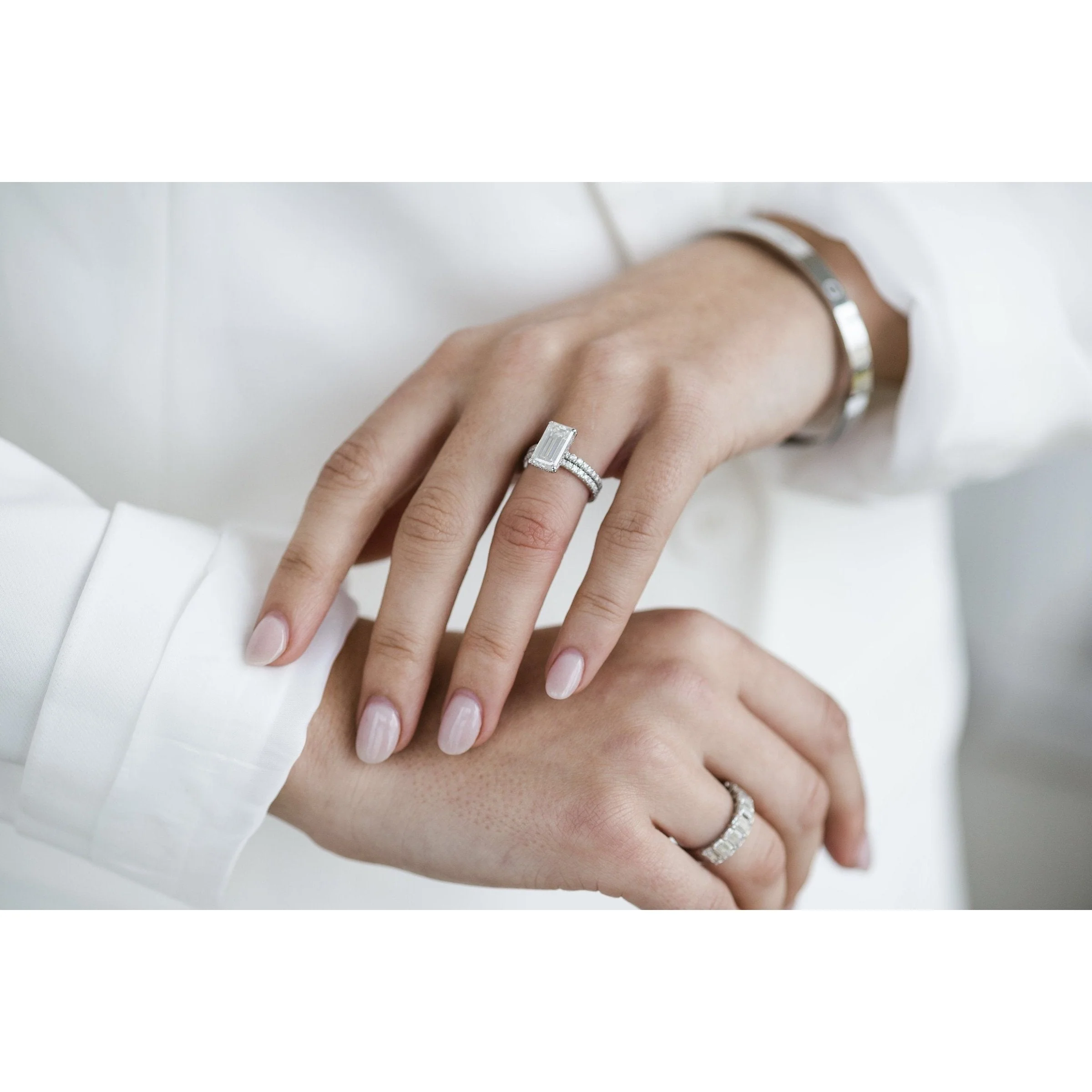 4.0Ct Emerald Cut Diamond Ring Solitaire Hidden Halo and Pave Moissanite Engagement Ring 14K Gold Ring