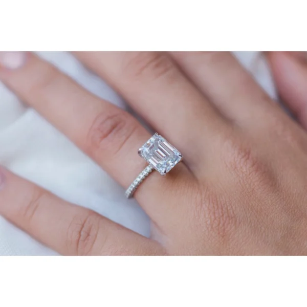 3.25Ct Emerald Cut Diamond Solitaire Hidden Halo and Pave Moissanite Engagement Ring 14K Gold Ring
