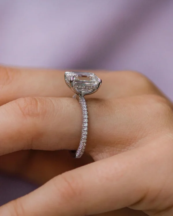 3.25Ct Emerald Cut Diamond Solitaire Hidden Halo and Pave Moissanite Engagement Ring 14K Gold Ring