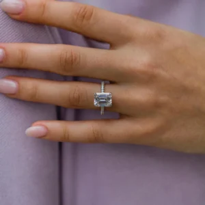 3.25Ct Emerald Cut Diamond Solitaire Hidden Halo and Pave Moissanite Engagement Ring 14K Gold Ring