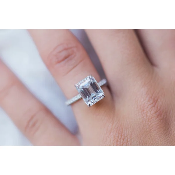 3.25Ct Emerald Cut Diamond Solitaire Hidden Halo and Pave Moissanite Engagement Ring 14K Gold Ring