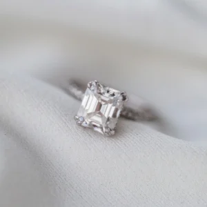 2.25Ct Asscher Cut Diamond Wedding Ring Solitaire Hidden Halo and Pave Moissanite Engagement Ring