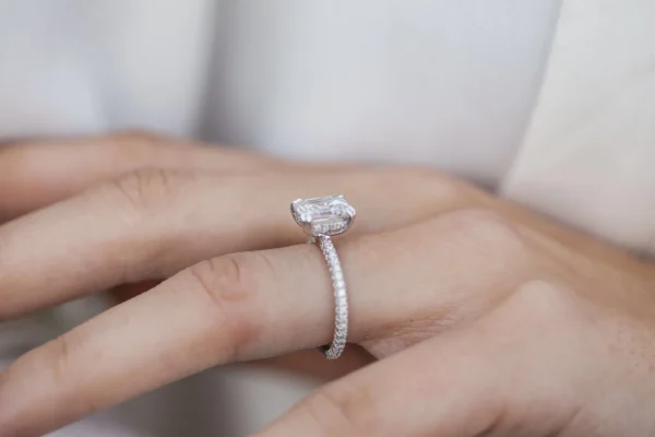 2.25Ct Asscher Cut Diamond Wedding Ring Solitaire Hidden Halo and Pave Moissanite Engagement Ring
