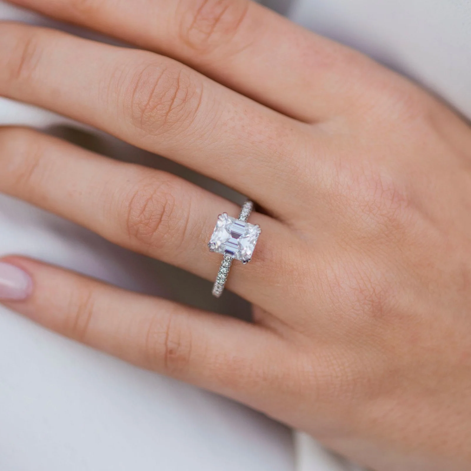 2.25Ct Asscher Cut Diamond Wedding Ring Solitaire Hidden Halo and Pave Moissanite Engagement Ring