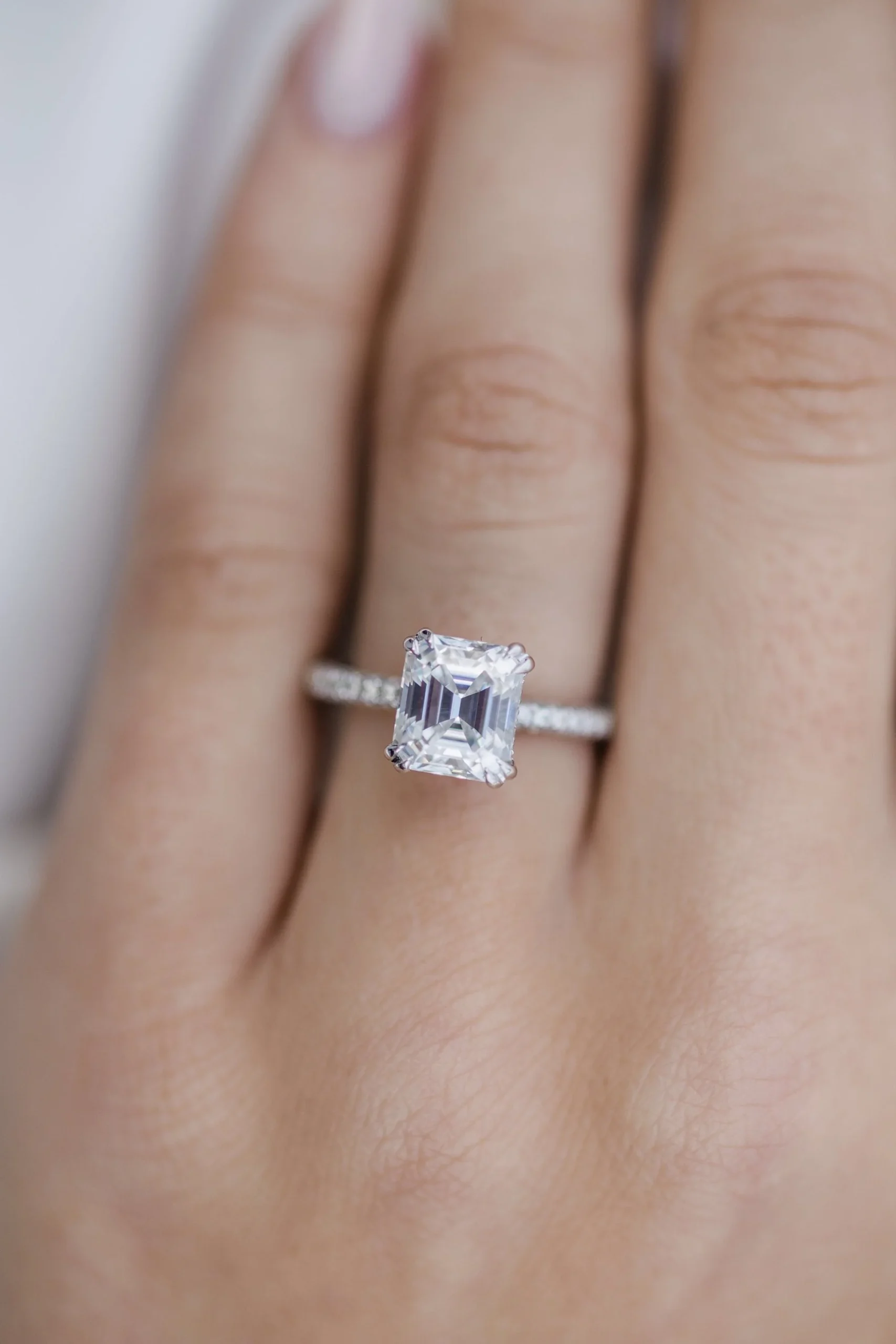 2.25Ct Asscher Cut Diamond Wedding Ring Solitaire Hidden Halo and Pave Moissanite Engagement Ring