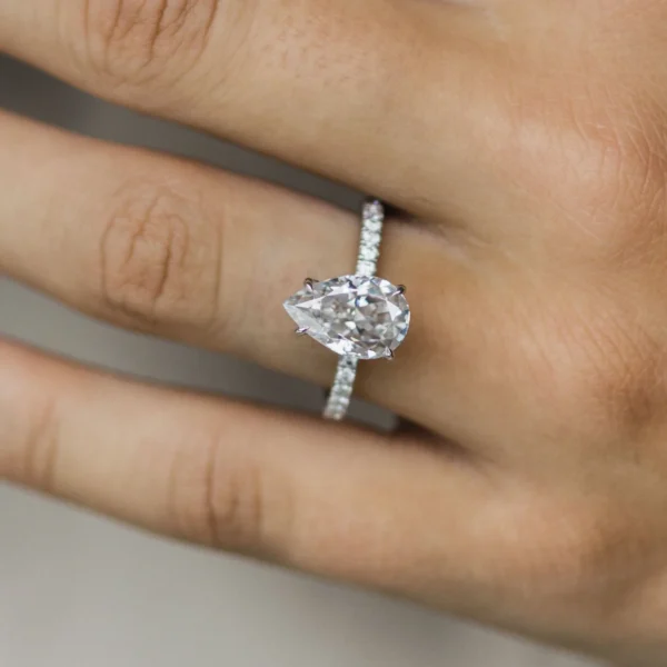 3.25Ct Pear Cut Diamond Wedding Ring Solitaire Hidden Halo And Pave Moissanite Engagement Ring