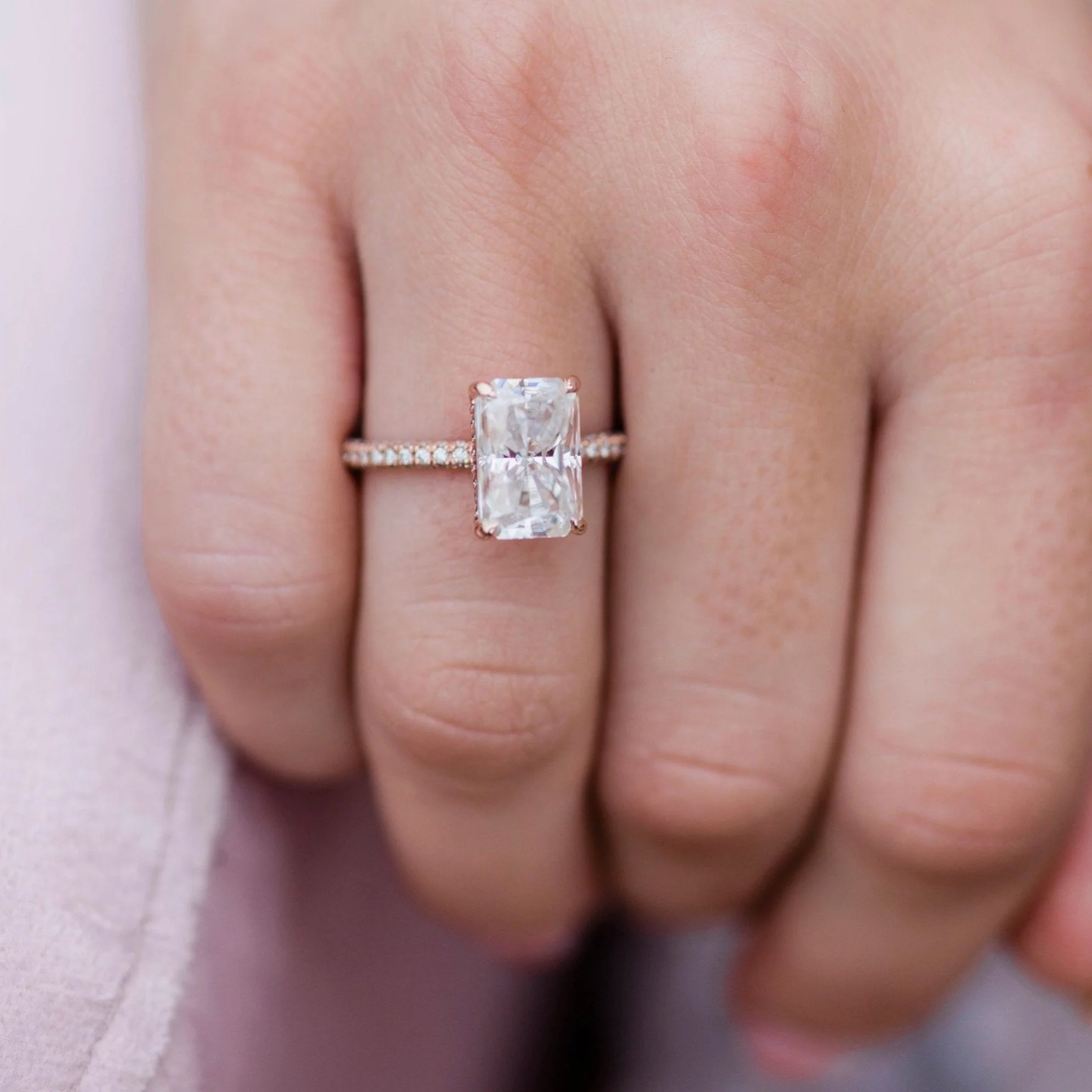 3.40Ct Radiant Cut Diamond Solitaire Hidden Halo and Pave Moissanite Engagement Ring 14K Gold Ring