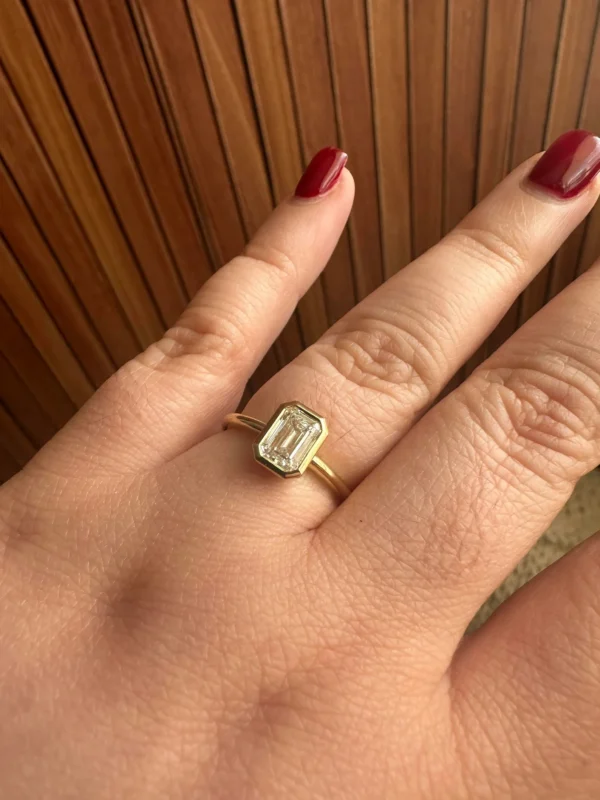 Bezel Set Emerald Cut Lab Diamond Engagement Ring – 18K Gold