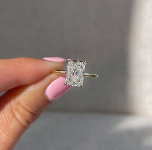Radiant Cut Moissanite Diamond Ring , Hidden Halo Gold Ring