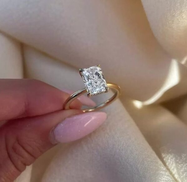 Radiant Cut Moissanite Diamond Ring , Hidden Halo Gold Ring