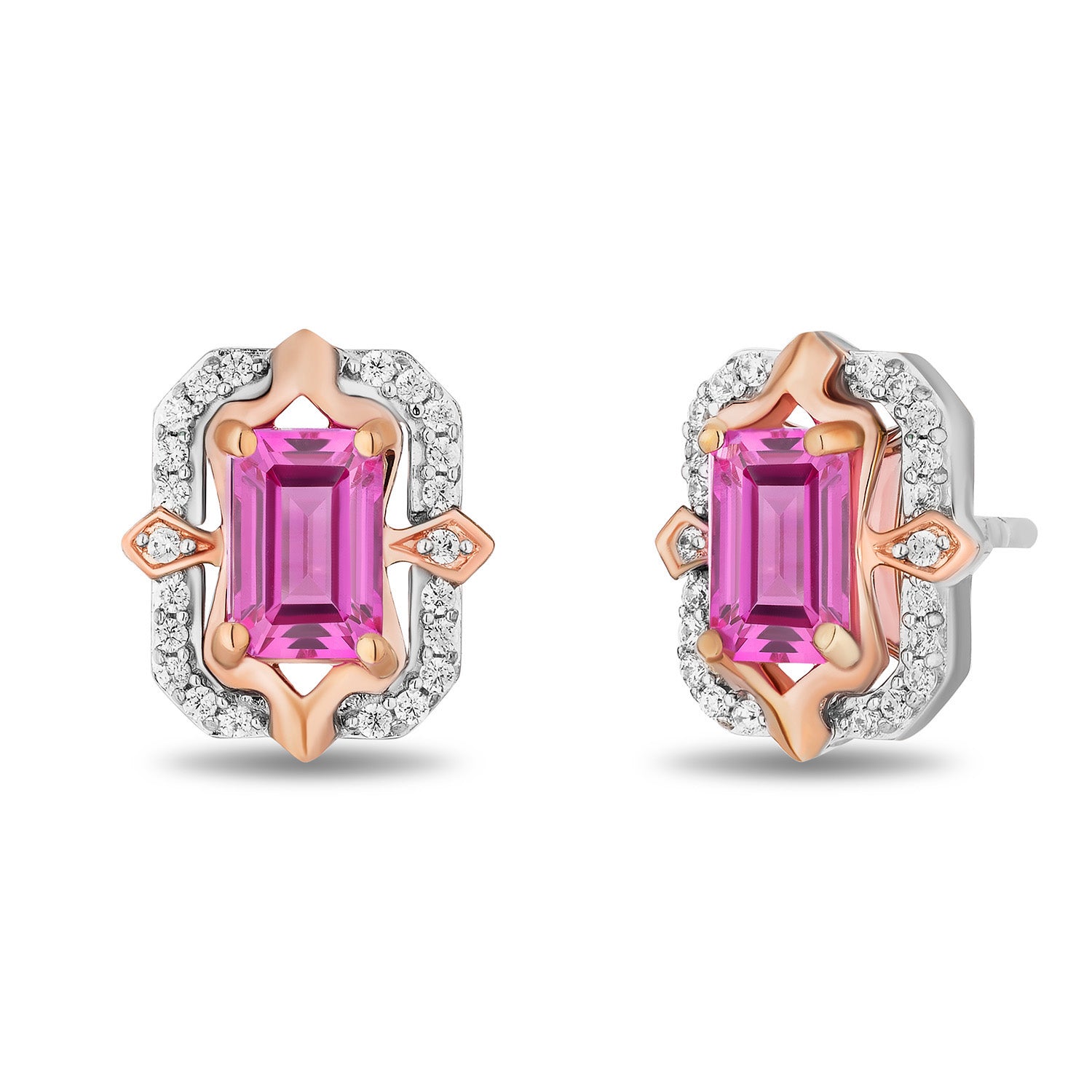Enchanted Disney Fine Jewelry 14K Rose Gold over Sterling Silver with 1/6 CTTW Diamonds and Created Pink Sapphire Aurora Earrings