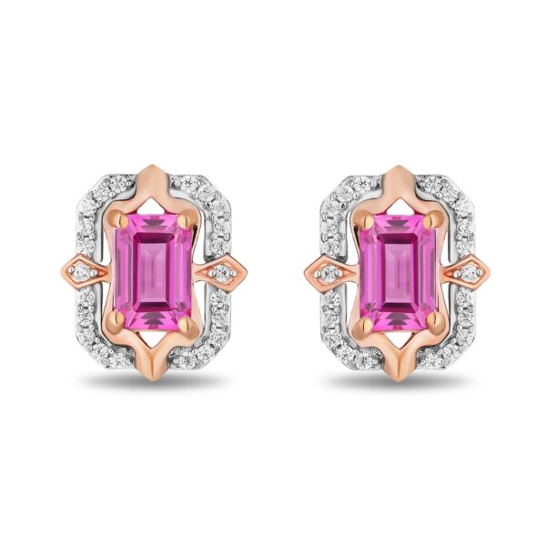 Enchanted Disney Fine Jewelry 14K Rose Gold over Sterling Silver with 1/6 CTTW Diamonds and Created Pink Sapphire Aurora Earrings