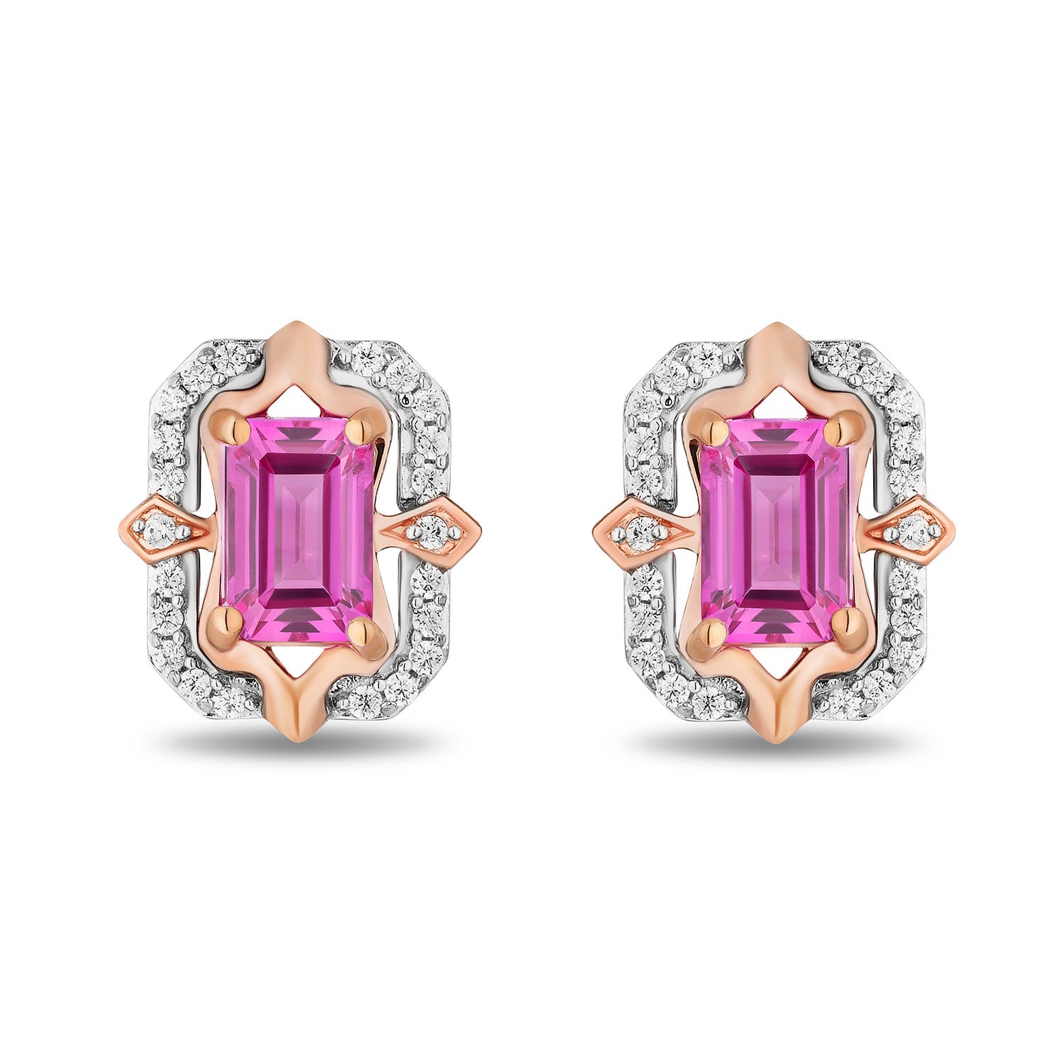 Enchanted Disney Fine Jewelry 14K Rose Gold over Sterling Silver with 1/6 CTTW Diamonds and Created Pink Sapphire Aurora Earrings