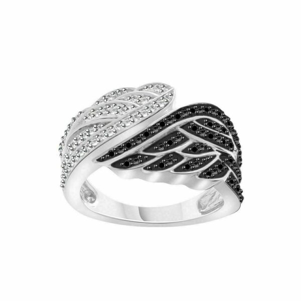 Enchanted Disney Angel Wing Ring, 0.50 CT White & Black Round Cut Lab Diamond Wedding Band, Bridal Women's Ring, Anniversary Ring, Wife Gift