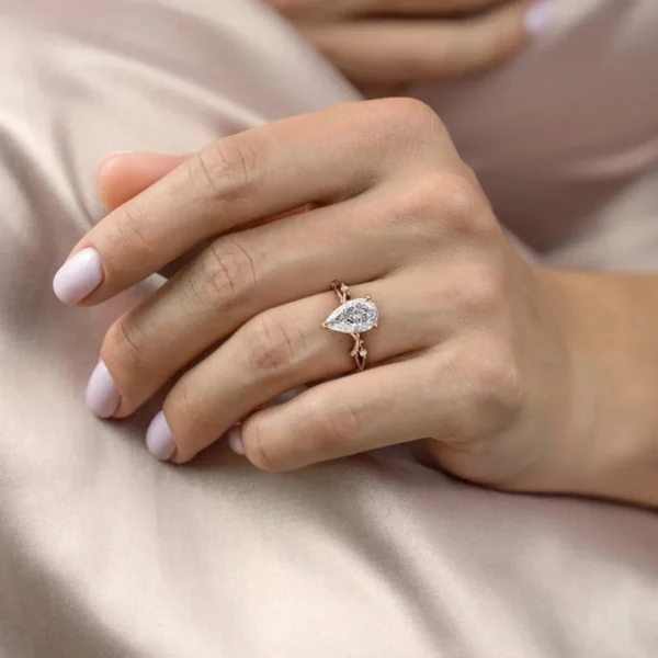 Twig Design Ring, Solitaire Engagement Ring, 3 CT Pear Cut Colorless Moissanite Ring, Anniversary Ring For Her Promise, 14K Rose Gold Ring