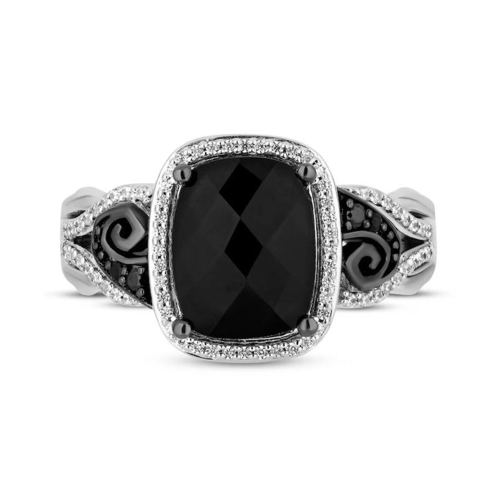 Disney Treasures The Nightmare Ring, Cushion-Cut Black Onyx & 1/8Ct CZ Diamond Ring in Sterling Silver, Valentine Gift Ring