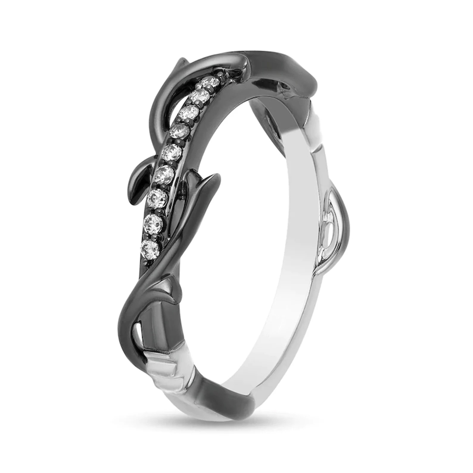 Enchanted Disney Villains Maleficent Ring, 0.1 CT Simulated Diamond Ring, Thrown Band Ring, Two Tone Ring, Enchanted Thorn Band In Silver