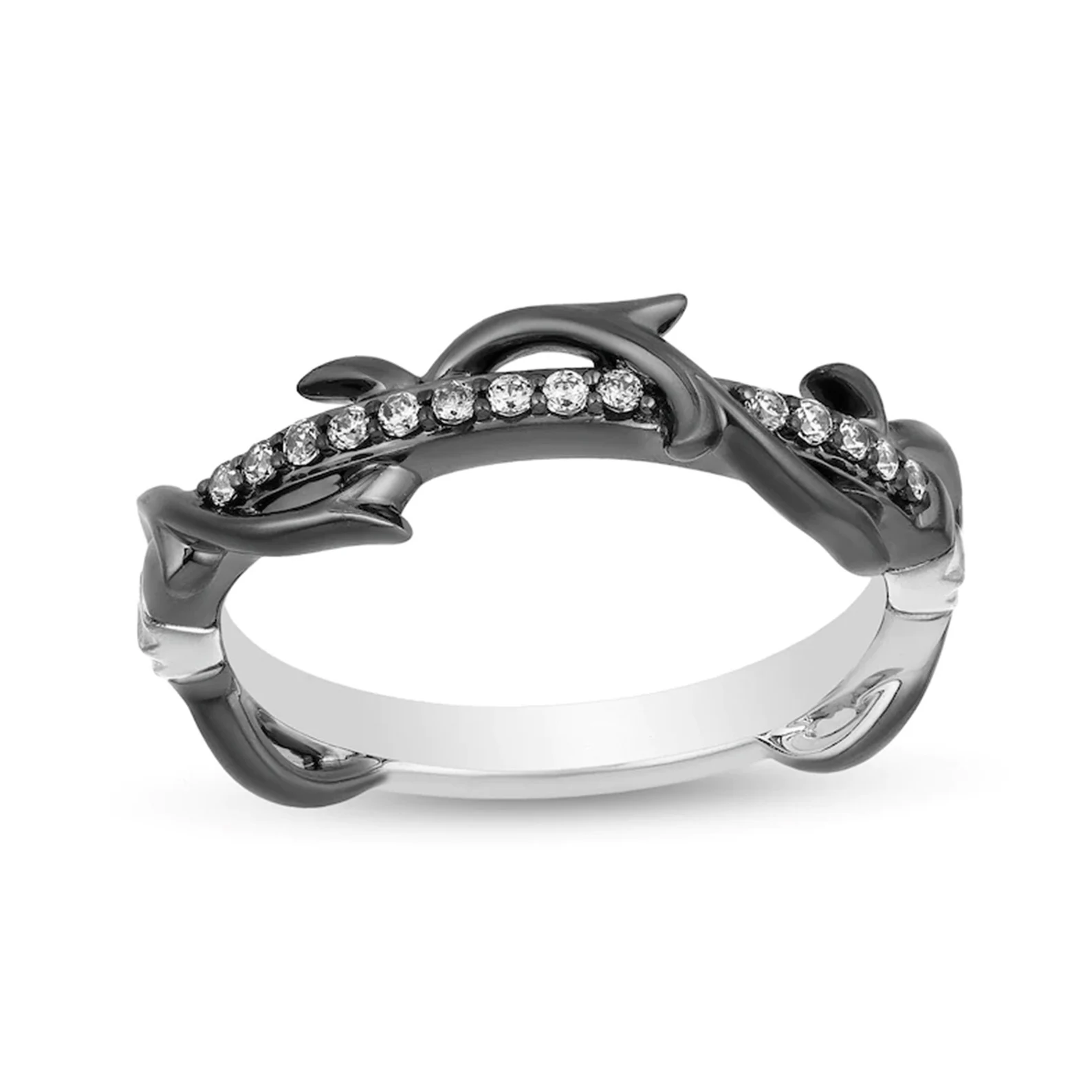 Enchanted Disney Villains Maleficent Ring, 0.1 CT Simulated Diamond Ring, Thrown Band Ring, Two Tone Ring, Enchanted Thorn Band In Silver
