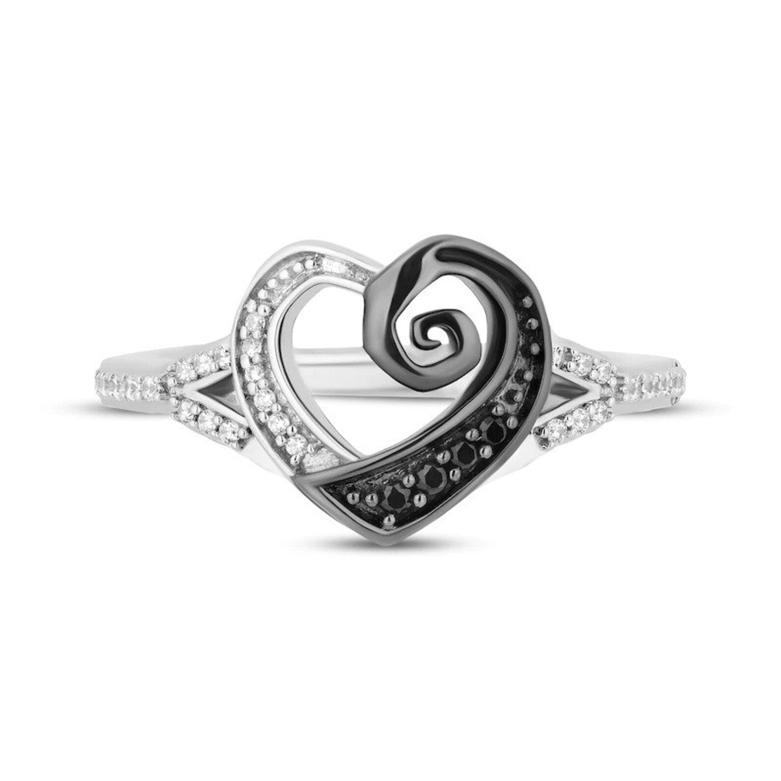 New Disney Treasures The Nightmare Before Christmas Ring* 1/8 CT Round-Cut Black & White Diamond Heart Ring, Sterling Silver, Gift For Love