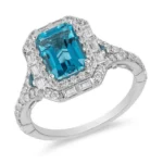 Enchanted Disney Cinderella 8*6 mm Aqua Blue Emerald Cut & 3/4 Ct Signity Diamond Double Frame Engagement Ring -Promise Ring- Gifts For Her