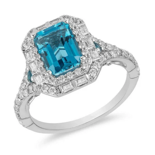 Enchanted Disney Cinderella 8*6 mm Aqua Blue Emerald Cut & 3/4 Ct Signity Diamond Double Frame Engagement Ring -Promise Ring- Gifts For Her