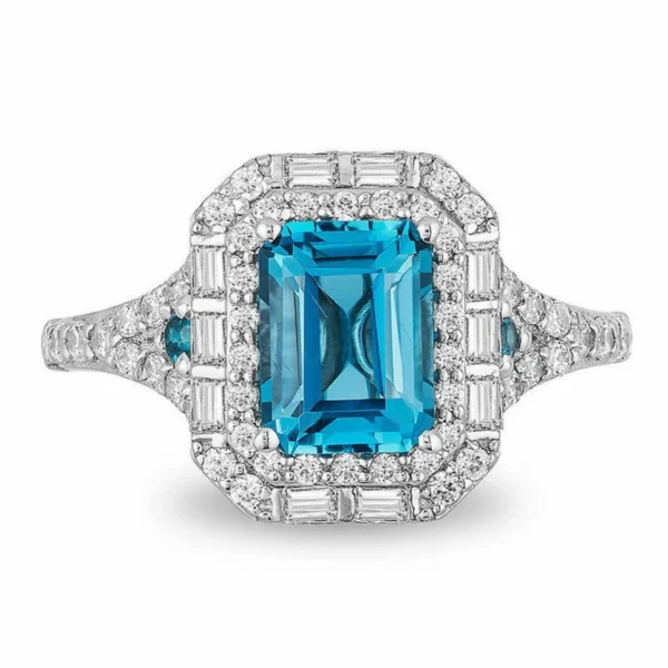 Enchanted Disney Cinderella 8*6 mm Aqua Blue Emerald Cut & 3/4 Ct Signity Diamond Double Frame Engagement Ring -Promise Ring- Gifts For Her