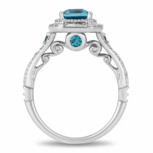 Enchanted Disney Cinderella 8*6 mm Aqua Blue Emerald Cut & 3/4 Ct Signity Diamond Double Frame Engagement Ring -Promise Ring- Gifts For Her